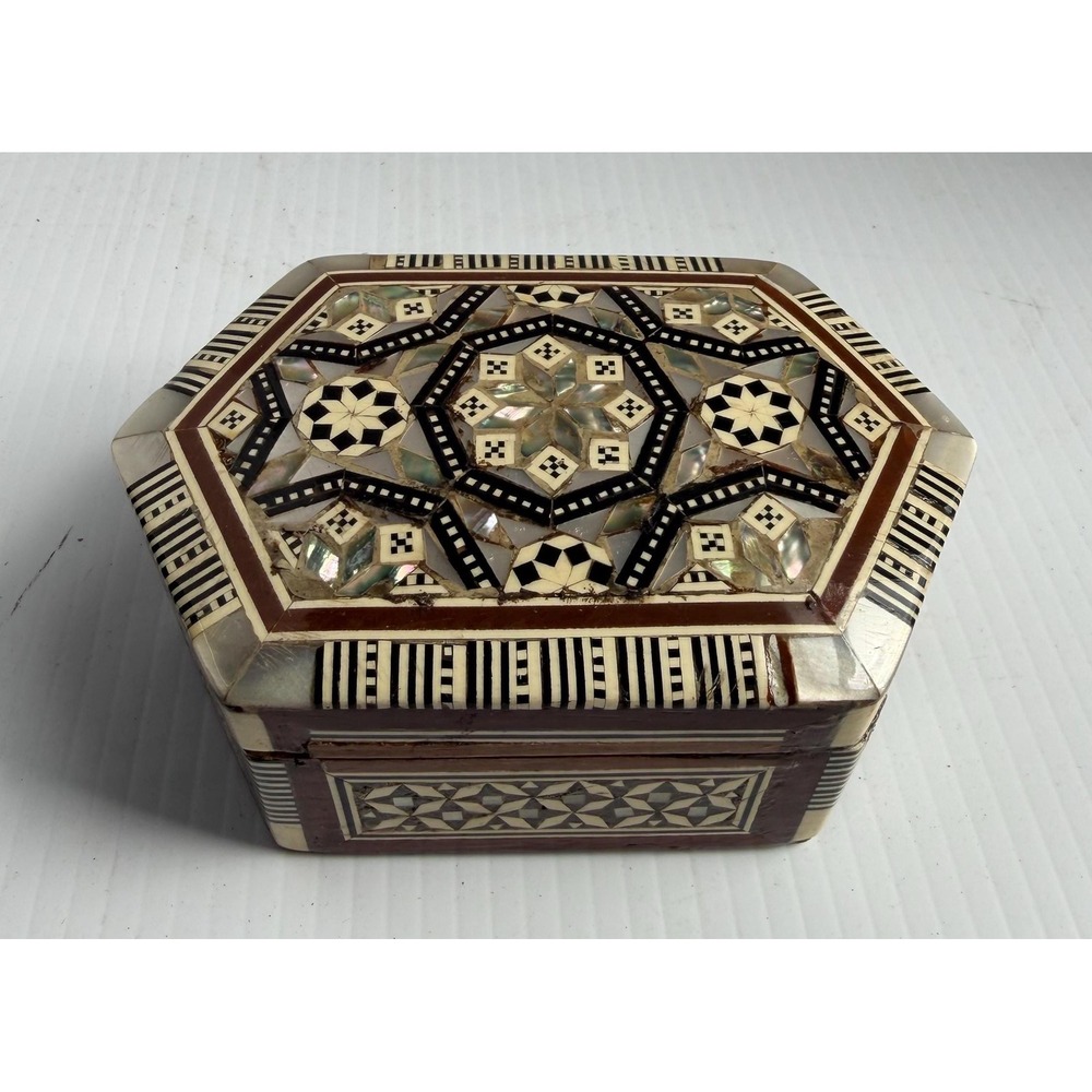 Vintage Egyptian Handmade Wood Jewelry Box Hexagon Mother of Pearl Inlay Mosaic
